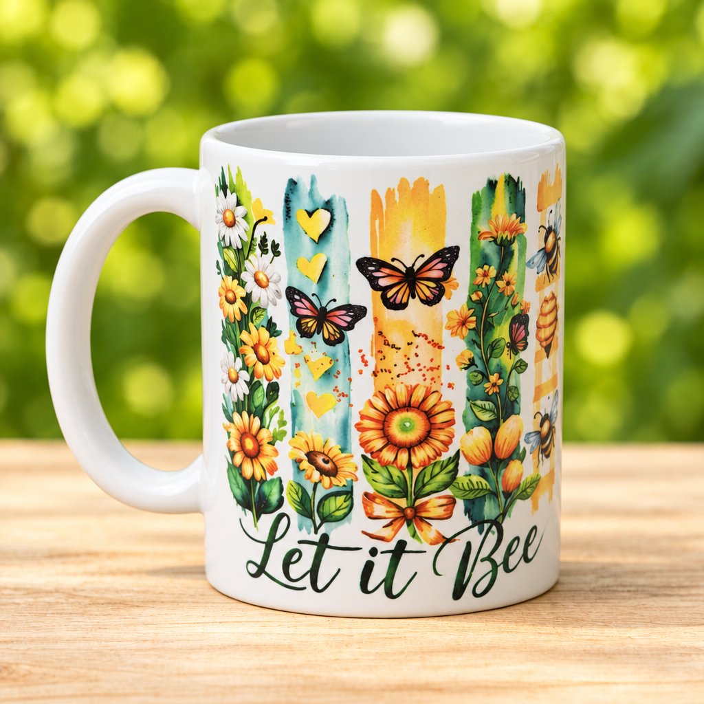 Taza Let it bee con flores, mariposas y abejas, asa a la izquierda, sobre madera clara y fondo verde