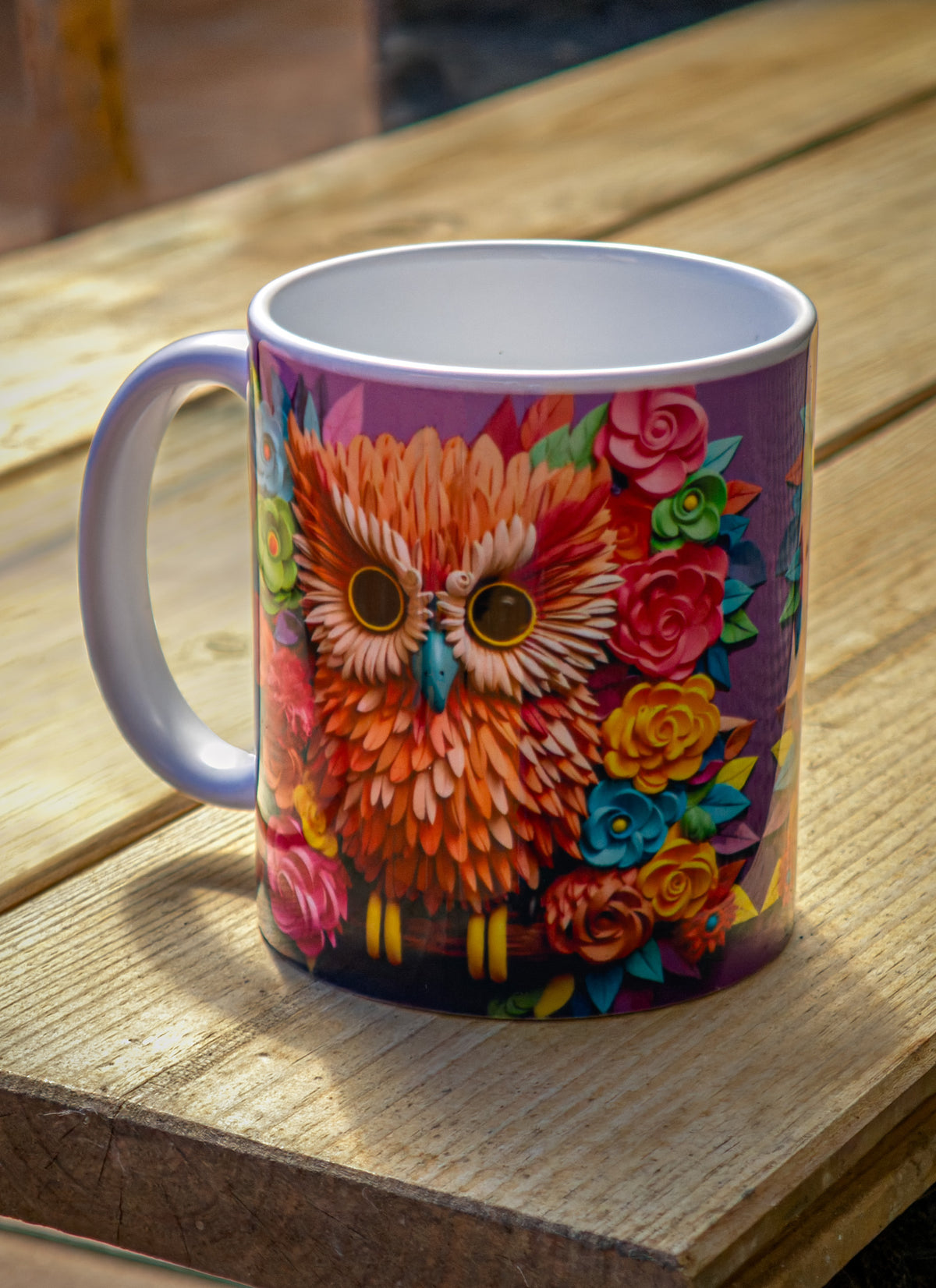 Taza de cerámica con buho colorido y flores – Regalo artesanal alegre