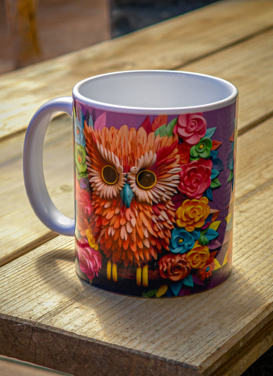 Taza de cerámica con buho colorido y flores – Regalo artesanal alegre