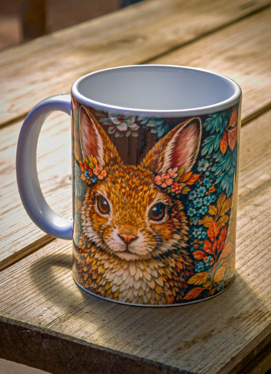 Taza de cerámica con conejo otoñal – Regalo artesanal acogedor