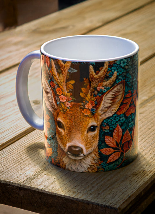 Taza de cerámica con ciervo y flores – Regalo artesanal para amantes de la naturaleza