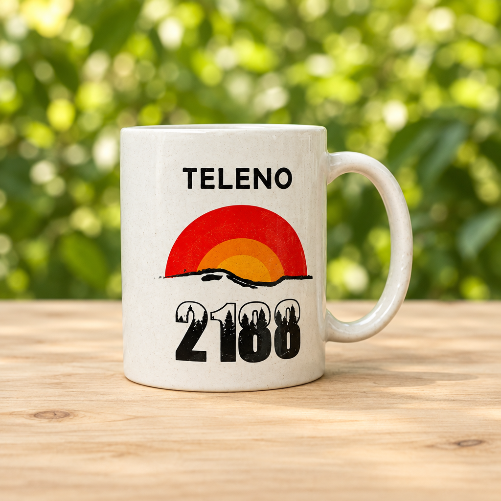 Taza blanca Teleno 2188 con ilustración del ocaso sobre mesa de madera clara y fondo verde desenfocado