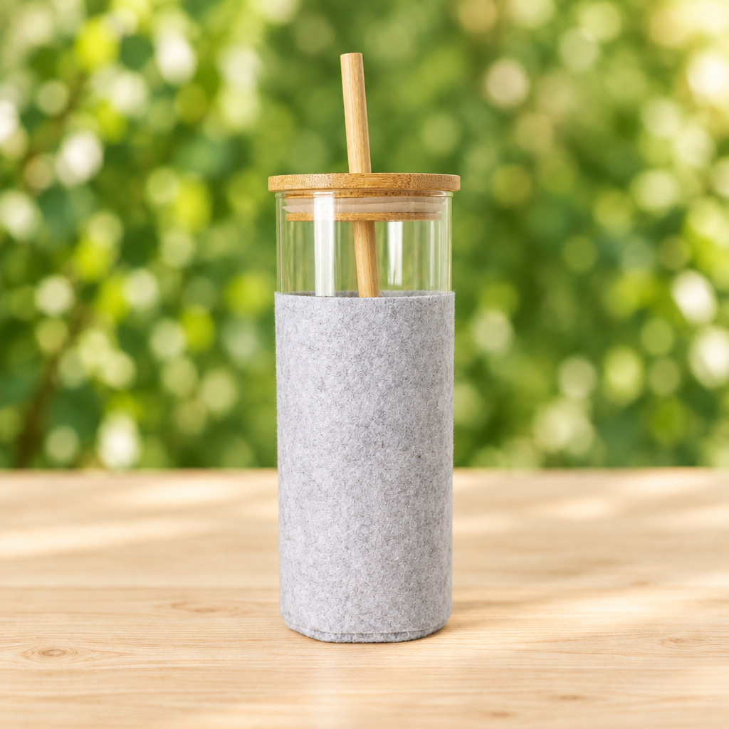 Vaso de cristal con funda gris de fieltro reciclado, tapa de madera y pajita sobre mesa clara con fondo verde