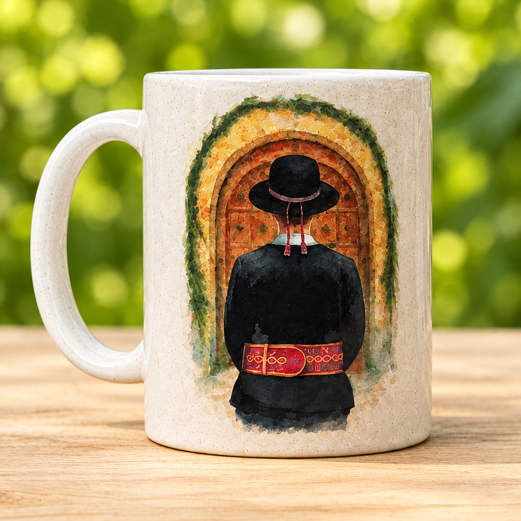 Taza con ilustración de maragato en primer plano sobre madera y fondo verde