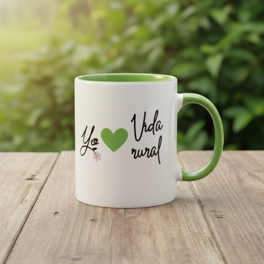 Taza de cerámica Yo Vida Rural con asa verde sobre fondo natural